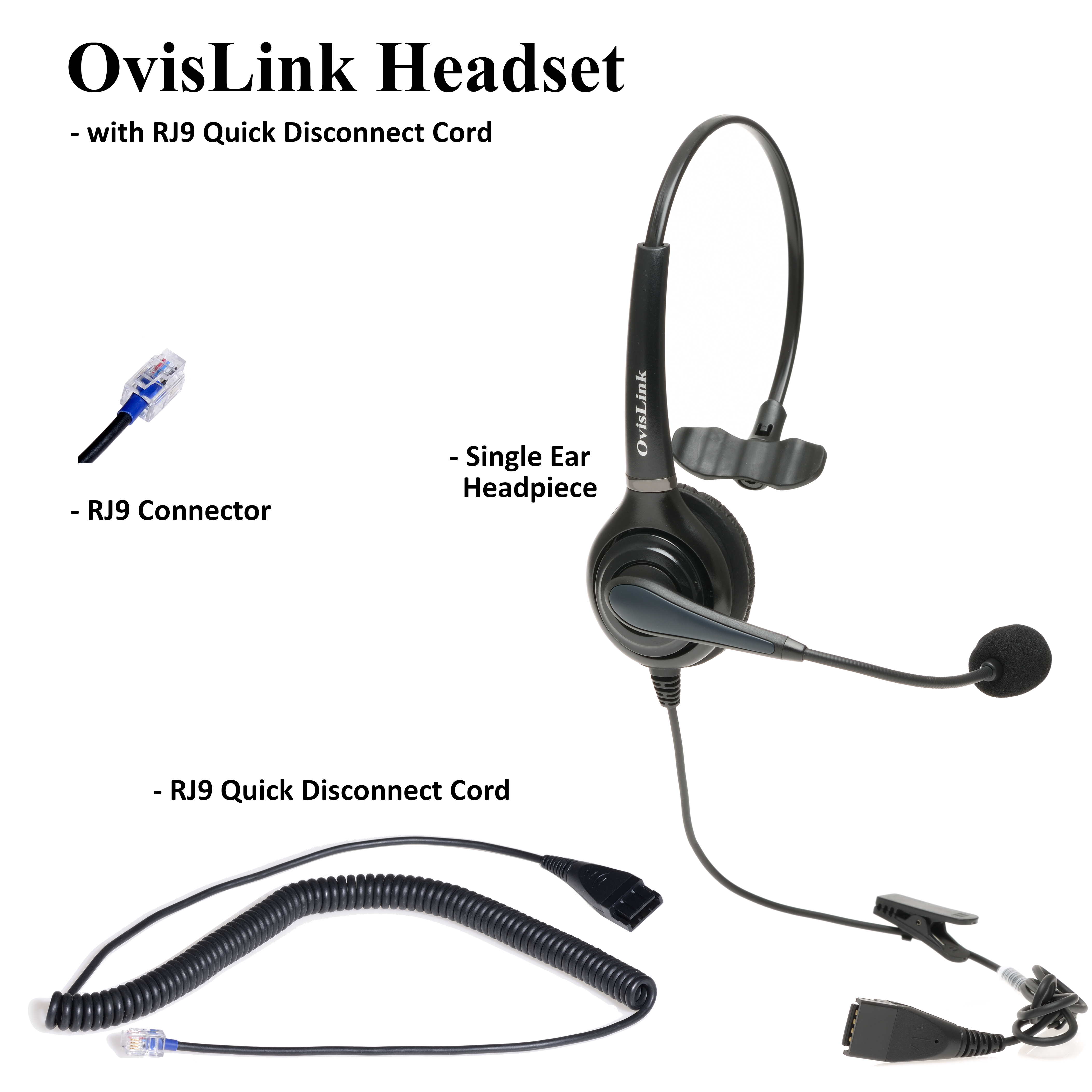 OvisLink Single Ear Headset with RJ9 Quick Disconnct Cord